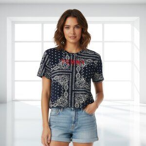 Tommy Jeans Bandana Print Logo Tee Navy Blue Graphic T-Shirt Size XS